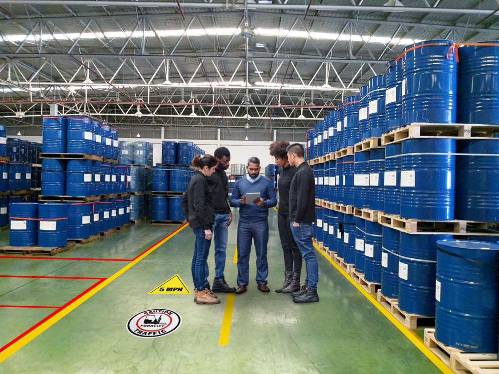 Workers standing in warehouse full of barrels with floor signs and floor tape